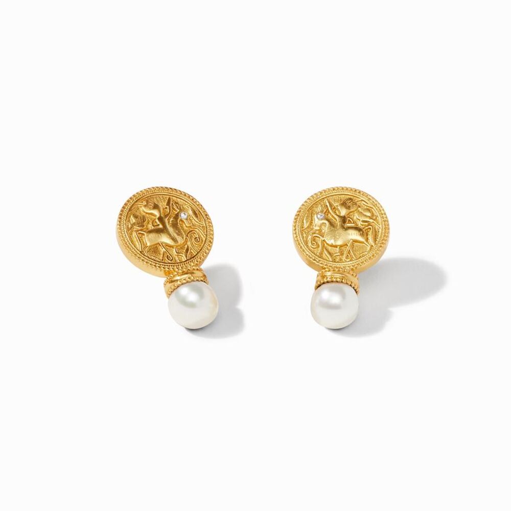 24k gold plated coin stud. Coin features a man on horseback, with a CZ stone as the horses eye. Dropping off the bottom of the coin is a small pearl or gemstone. Coin Earring