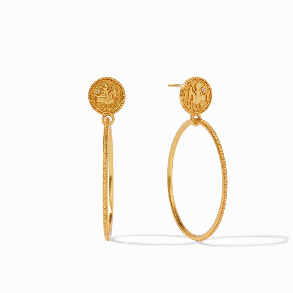 24k gold plated coin stud, with a gold circular hoop dangling down. Coin Statement Earring