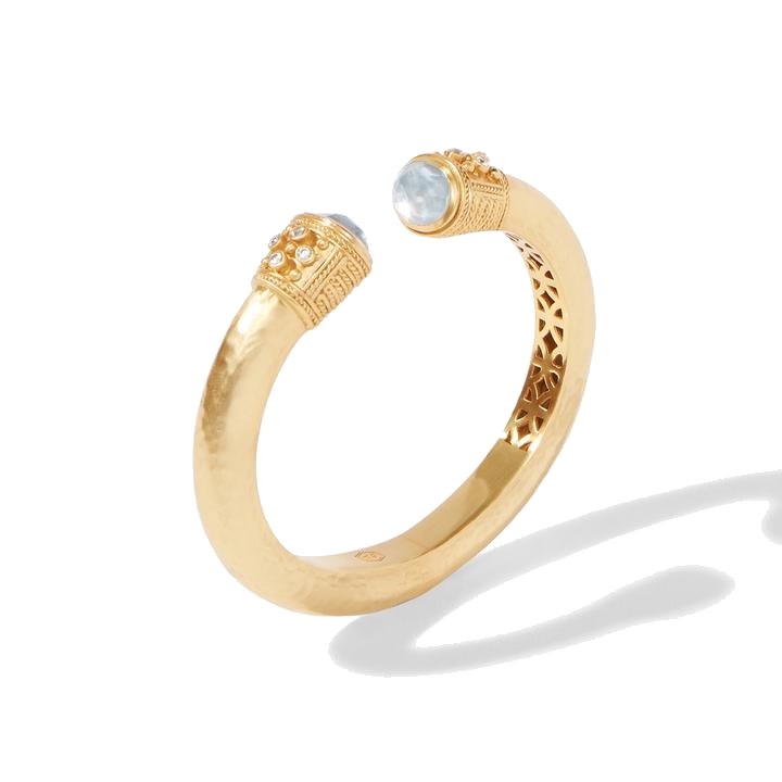 Perfect bracelet to own! 24k gold plate hinged bracelet, with rose cut gemstones accenting the ends: along with cz stones accented near the gemstone. Paris Luxe Demi Hinge Cuff