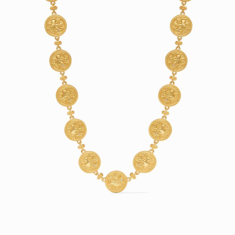 This necklace features a man on horseback displayed on a coin. Necklace is 24k Gold plate over a nickel free brass. Coin Necklace