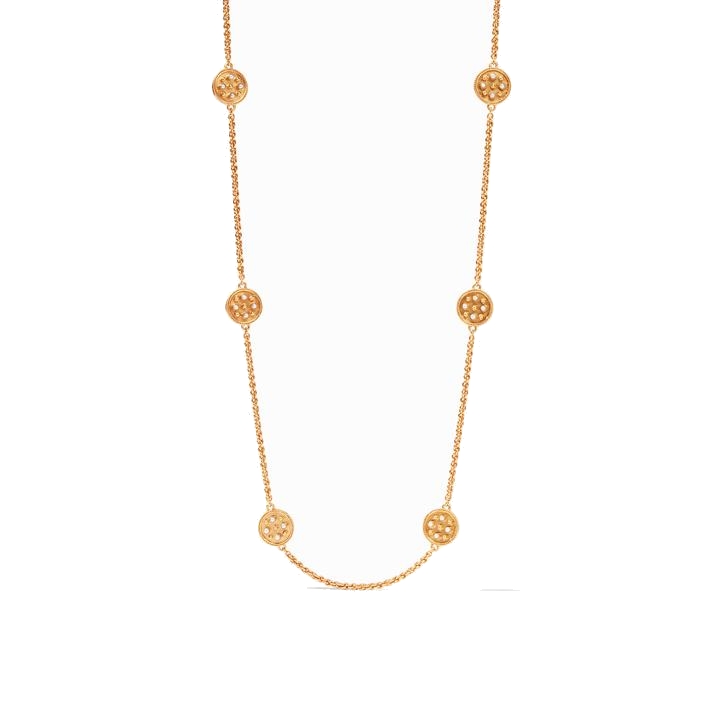 24k gold plated rope chain with golden stations comprised of gemstones in a tic tac toe pattern. Paris Station Necklace