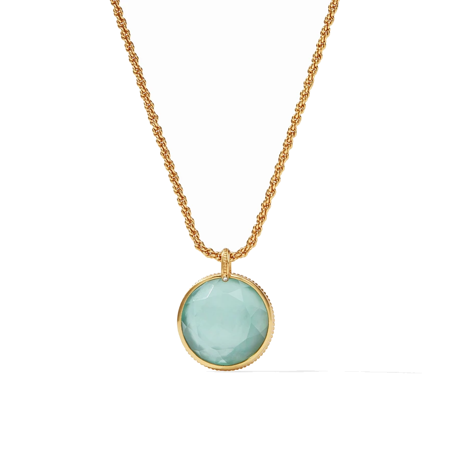 24k gold plate necklace, featuring a large gemstone faceted with imported glass, with mother of pearl doublet. Reversible, with a coin displaying a knight on horseback.
Can be doubled for 18 inches in length Coin Statement Pendant Necklace