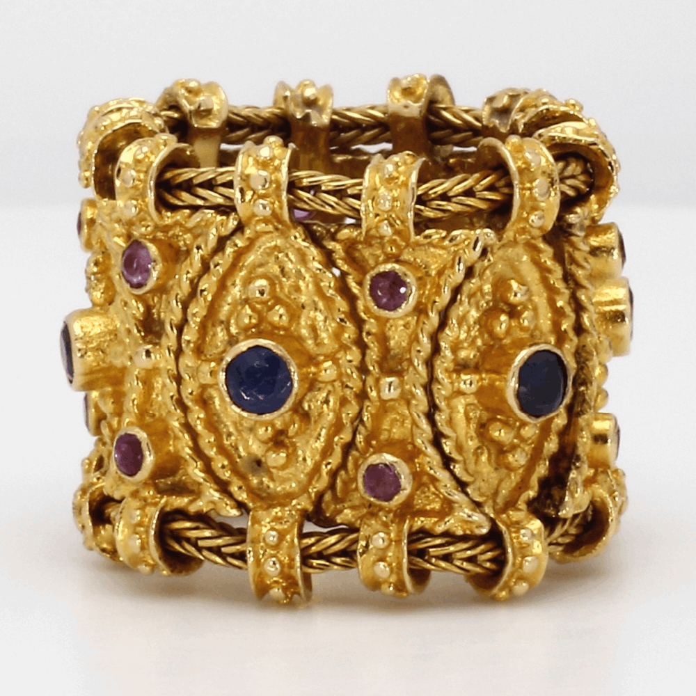 Ruby: 0.65tcw
Sapphire: 0.65tcw
Etruscan Style Ruby & Sapphire Ring