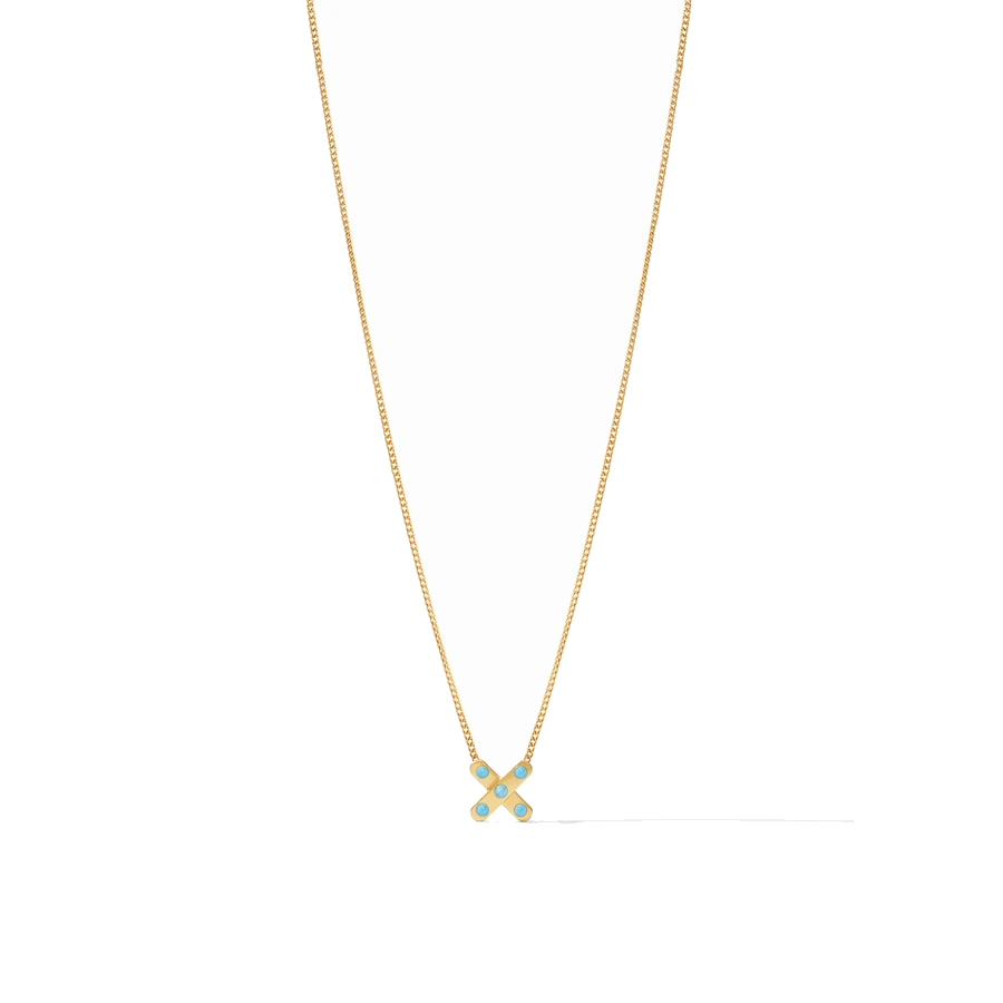 Delicate 24k gold plate X charm, adorned with five CZ gemstones. Paris X charm Necklace