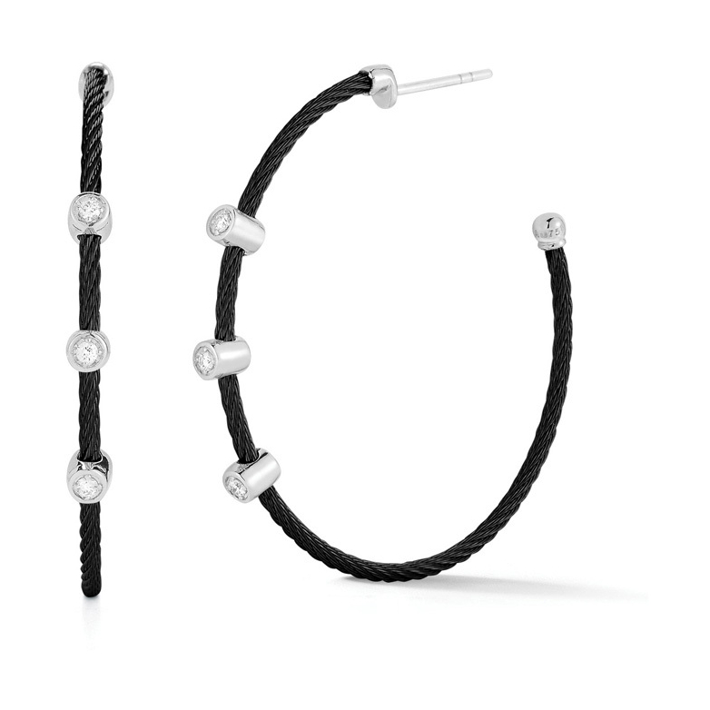 Image 2 for Three Diamond Station Twisted Cable Hoop Earrings