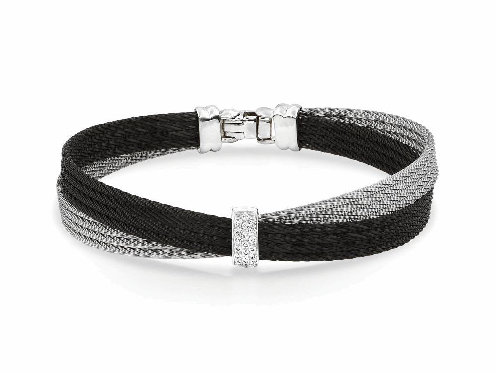 Noir Crossed Black Cable Bangle with Small Vertical Diamond Bar
