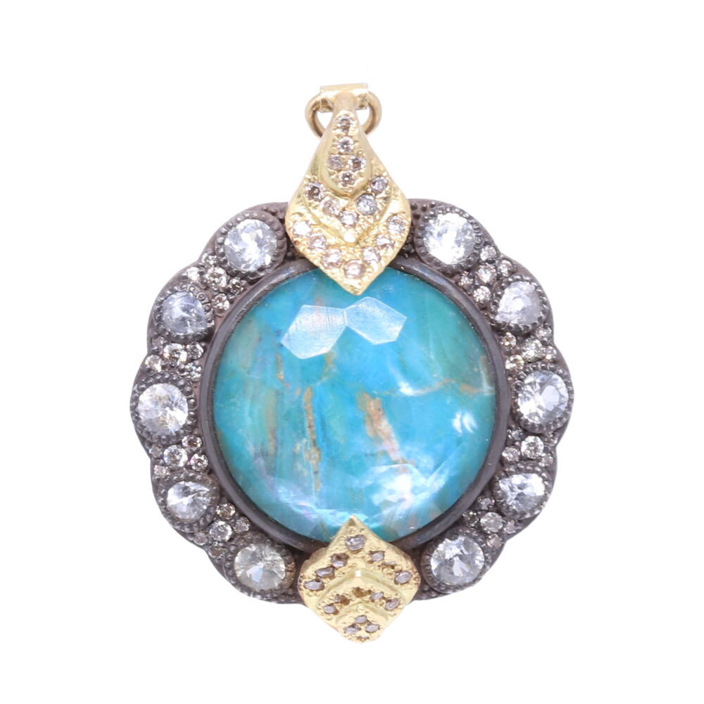 This Old World Collection pendant by Armenta features a round Hermes pendant with a triplet stone, consisting of a Peruvian Opal, White Mother of Pearl, and White Quartz. Not only accented with white diamonds, but also displaying champagne diamonds as well. Hermes Enhancer Pendant
