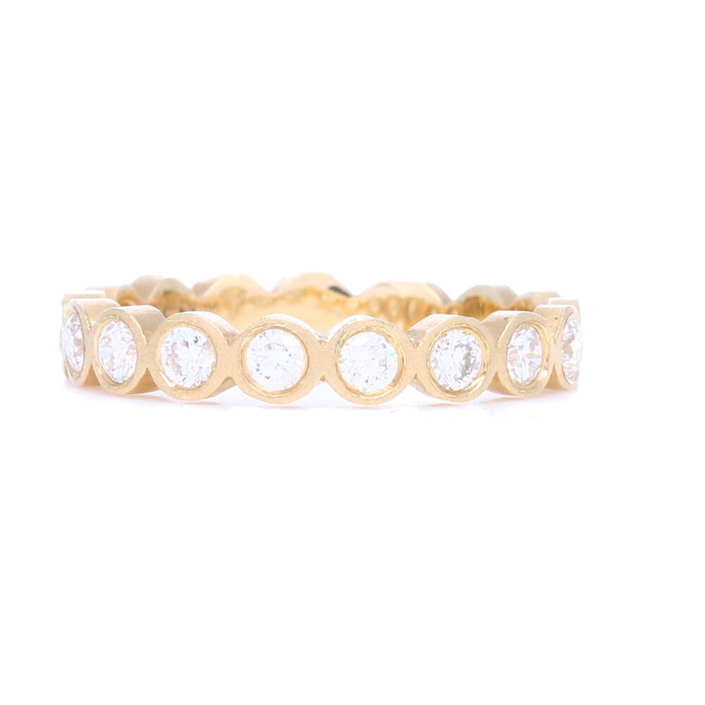 This 14k Yellow gold bezel set round diamond stack ring has .5 carats of diamonds and a satin finish. 14k Yellow Gold Bezel Set Round Diamond Stack Ring