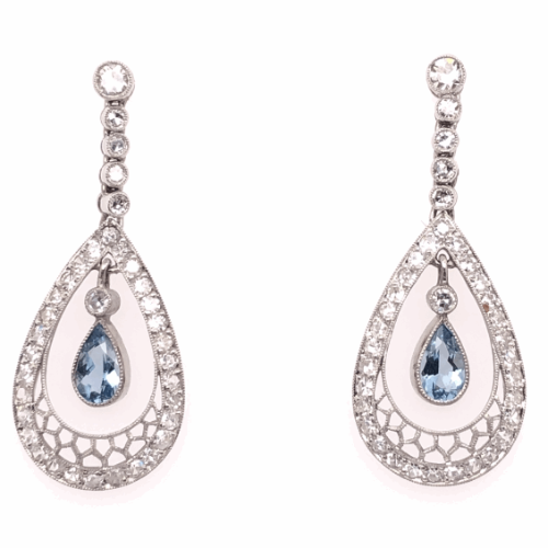 Platinum Art Deco .60tcw Pear Aquamarine & 1.50tcw Diamond Earrings
