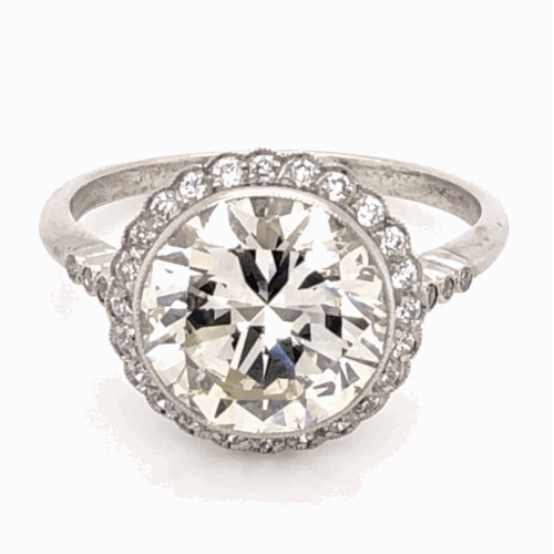 Platinum 1950's 3.97ct Round Brilliant Diamond & .24tcw side Diamond Ring with Milgrain, s7.5