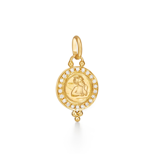 This beautiful 18K Yellow Gold "Guardian Angel" charm embellished with diamonds all the way around is absolutely perfect on a necklace, worn as a earring charm, or on a charm bracelet. Treat yourself or a loved one to a meaningful piece of fine jewelry that will be cherished forever.
Measures 7/8 of an inch from the top of charm to the bottom (excluding the bale). Measures 1 in from the top of the bale to the bottom of the charm. 18k Angel Pendant with diamonds