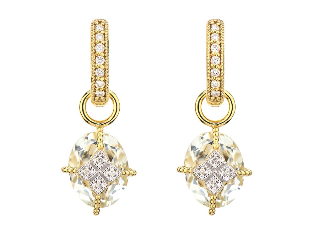 These gorgeously simple earring charms are featured in 18k yellow gold with gold ball wraps around the four sides. In he center is a 4 diamond kite-like setting. These earring charms are very lightweight and perfect for everyday use. Lisse Oval Stone Lacey Kite Earring Charms