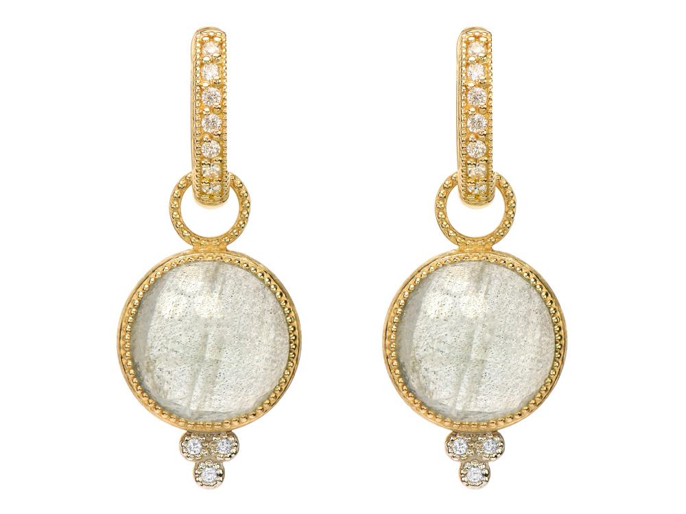 From the Provence Collection, the Provence Round Stone Earring Charms feature round faceted labradorite sky blue topaz doublets set in 18K yellow gold with bezel set diamond trio accents. Hoops and earring charms sold separately. Provence Round Stone Earring Charms in Labadorite