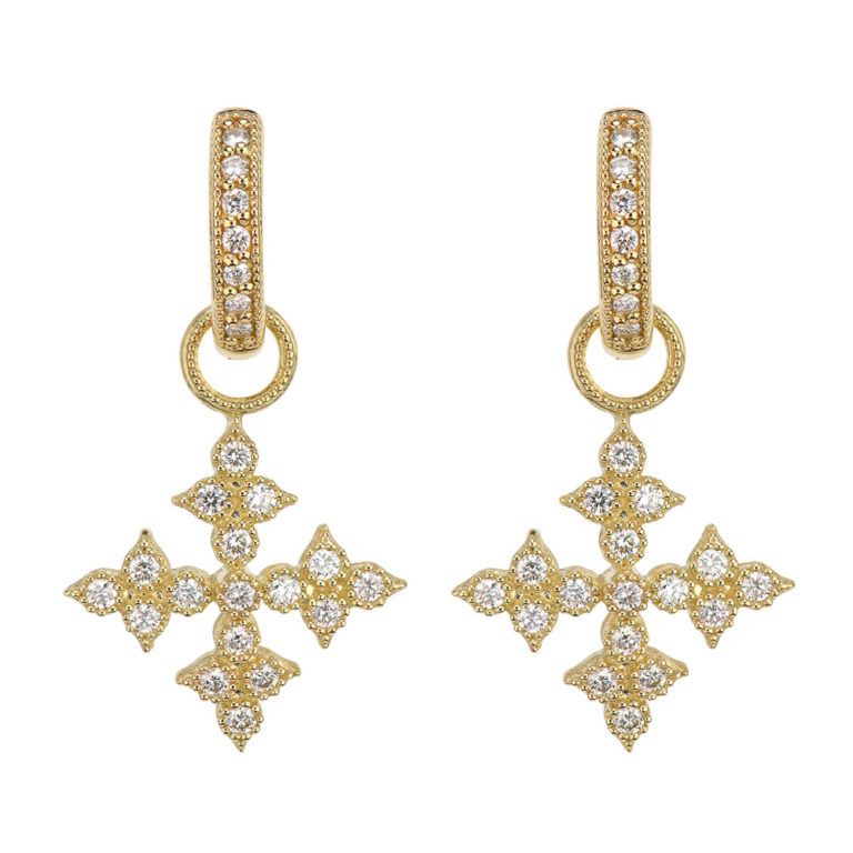 From the Moroccan Collection, the Moroccan Quad Maltese Cross Earring Charms feature bezel set round diamonds in 18K gold with a beaded edge. Hoops and earring charms sold separately, comes in white or yellow gold. Moroccan Quad Maltese Cross Earring Charms