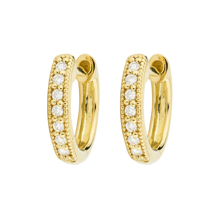The Small Diamond Huggie Hoop Earrings feature sparkling round diamonds pave set in 18K gold. Diamond Huggie Hoop Earrings (Yellow, White, or Rose)
