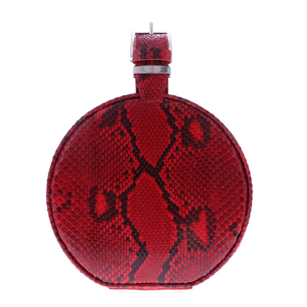 LaNae's Hat Box Chain Bag has been crafted out of genuine Python Leather with a edgy Red and Black finish. Due to the premium quality of each high gloss skin our 3rd generation artisans are required to hand stitch each bag. As always our hardware is the finest Italian Palladium and each interior has been lined with a Garment Quality Suede which keeps each bag light yet durable. Proudly crafted in the United States. Glazed Python Round Chain Bag