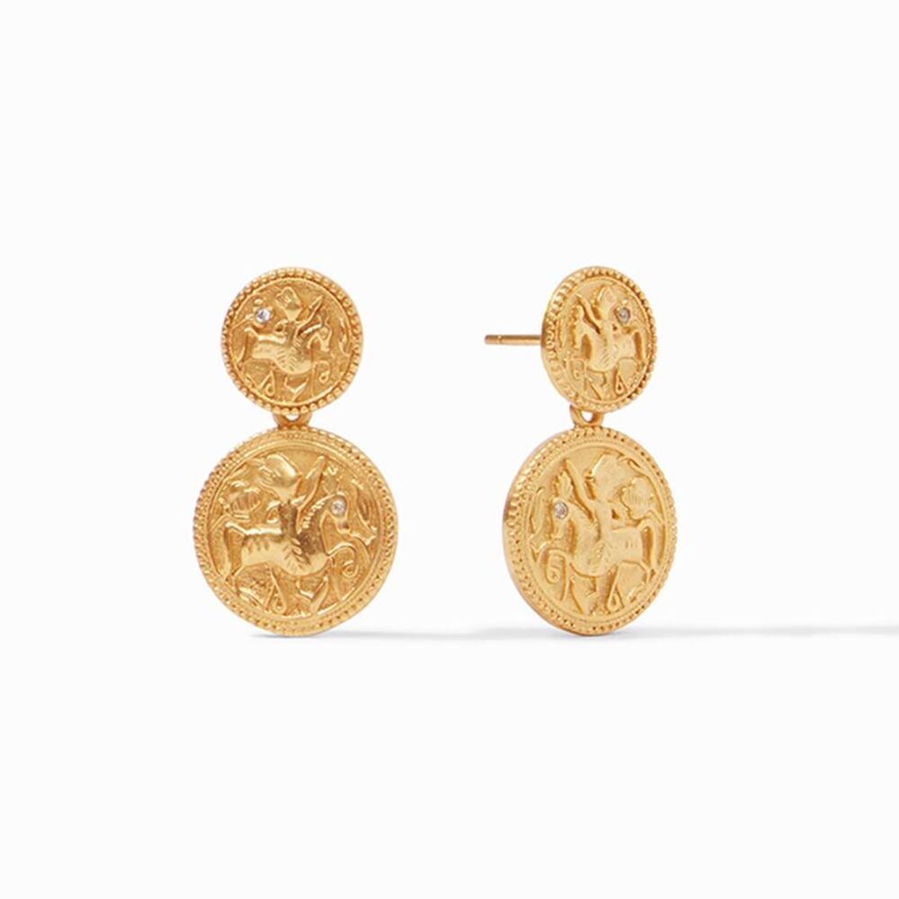 These 24k Gold plate earrings feature two coins: one stationary at the stud, and one that dangles underneath. The coins feature a man on horseback with a CZ stone for the horse's eye. Coin Midi Earring