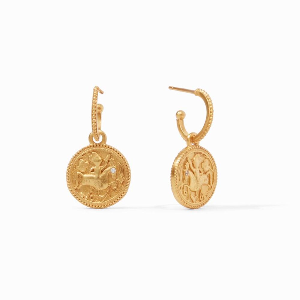 24k gold plated hoop earring. Featuring a dangling coin, displaying a man on horseback. A CZ stone in the place of the eye of the horse. Coin Hoop & Charm Earring