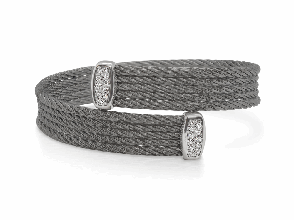 Steel Grey Cable Bypass Bracelet with 18tk White Gold & Diamonds – ALOR Steel Grey Cable Bypass Bracelet with 18tk White Gold & Diamonds – ALOR