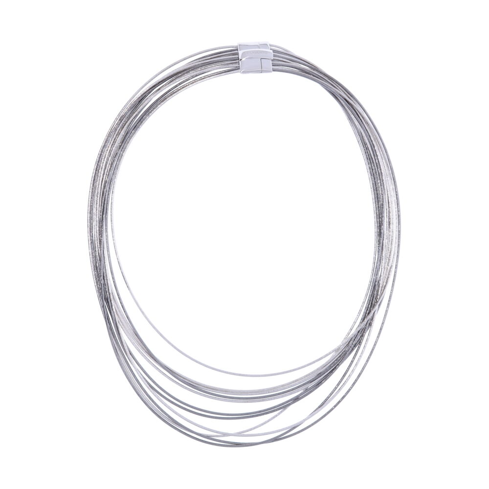 DNA Spring collection brought to you by pesavento, offers this small bib 15 strand mixed metal necklace. Features a magnetic clasp for easy on and off. Comes in two different colors. Bi Color Small Bib Necklace