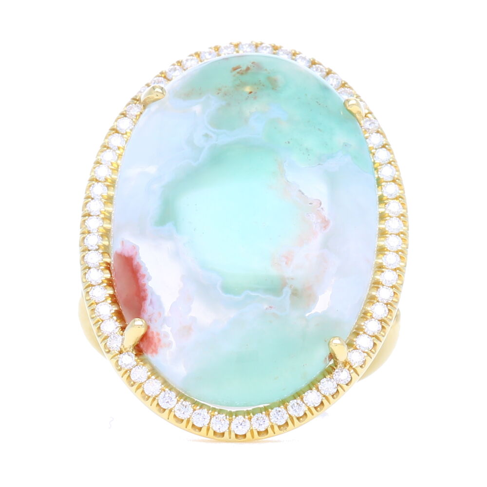 Check out the latest stone on scene. This beautiful 18k yellow gold oval Aquaprase ring with diamond halo is a major statement. Looking for one-of-a-kind ring, this is it!
18k Yellow Gold Oval Aquaprase Ring with Diamond Halo