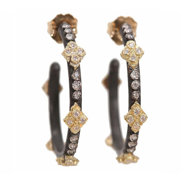 These blackened sterling silver small hoop earrings feature diamond stations: as well as gold stations with their own diamond settings. Truly lightweight and flirty to wear, everyone will be asking where you got them. Old World Cravelli Crosses Small Hoop Earrings With Diamonds