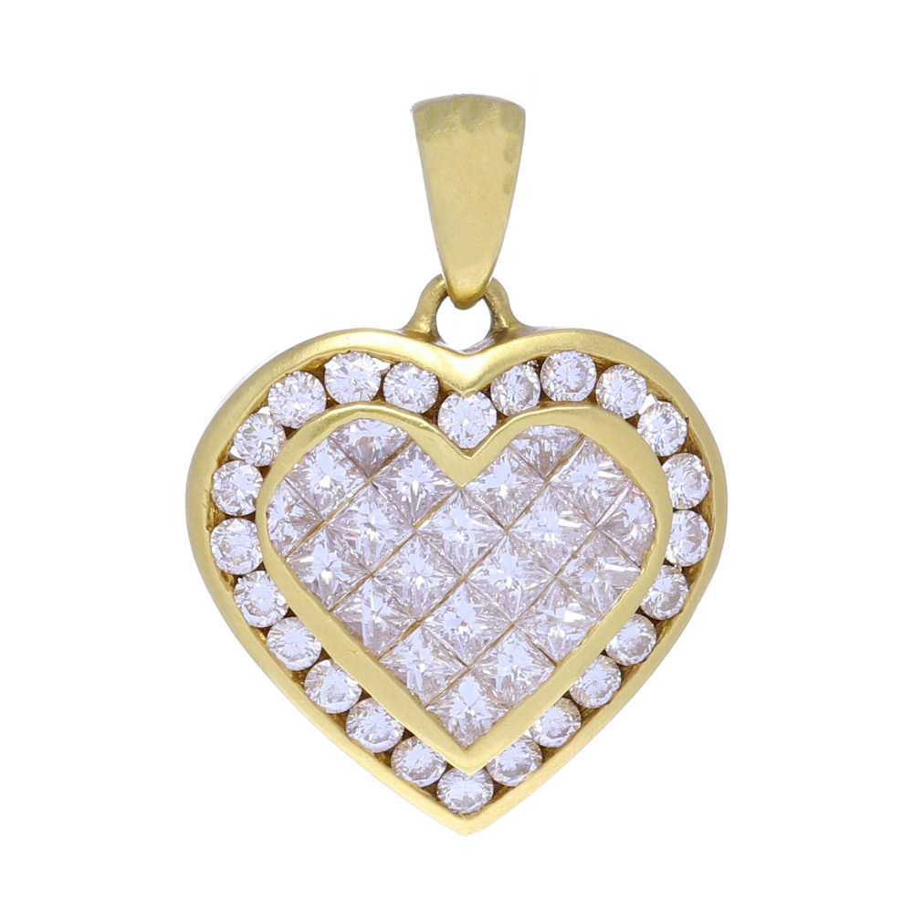 This 18K yellow gold pendant displayed in a heart design with a total diamond carat weight of 2.00 carats. Diamond Heart Pendant
