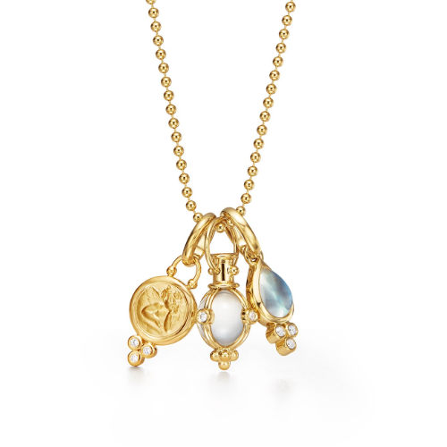 This dainty and pretty 18 in (at its longest length) 18K Yellow Gold Chain features a 2 inch jump ring to make the necklace 2 inches shorter or longer. It features three adorable charms. A guardian angel with three small channel set diamonds, that measures 7/8 of an inch from the top of the ring to the bottom of the diamond stations. A pear shape amulet features three small channel diamonds and measures 7/8 of an inch from the top of the ring to the bottom of the diamond stations. The third charm is a beautiful small amulet that features 4 small channel set diamonds. Wear these beauties all together, or you can remove the charms as you desire.
Natural rock crystal
Royal blue moonstone (1.20cts)
Diamond (0.14cts)
Length: 16.0" with 2.0" extender, Moonstone: 7x13mm/0.2"x0.5", Amulet: 7mm/0.2", Angel: 9x13mm/0.3"x0.5"
Imported 18K Yellow Gold Three Charm Necklace
