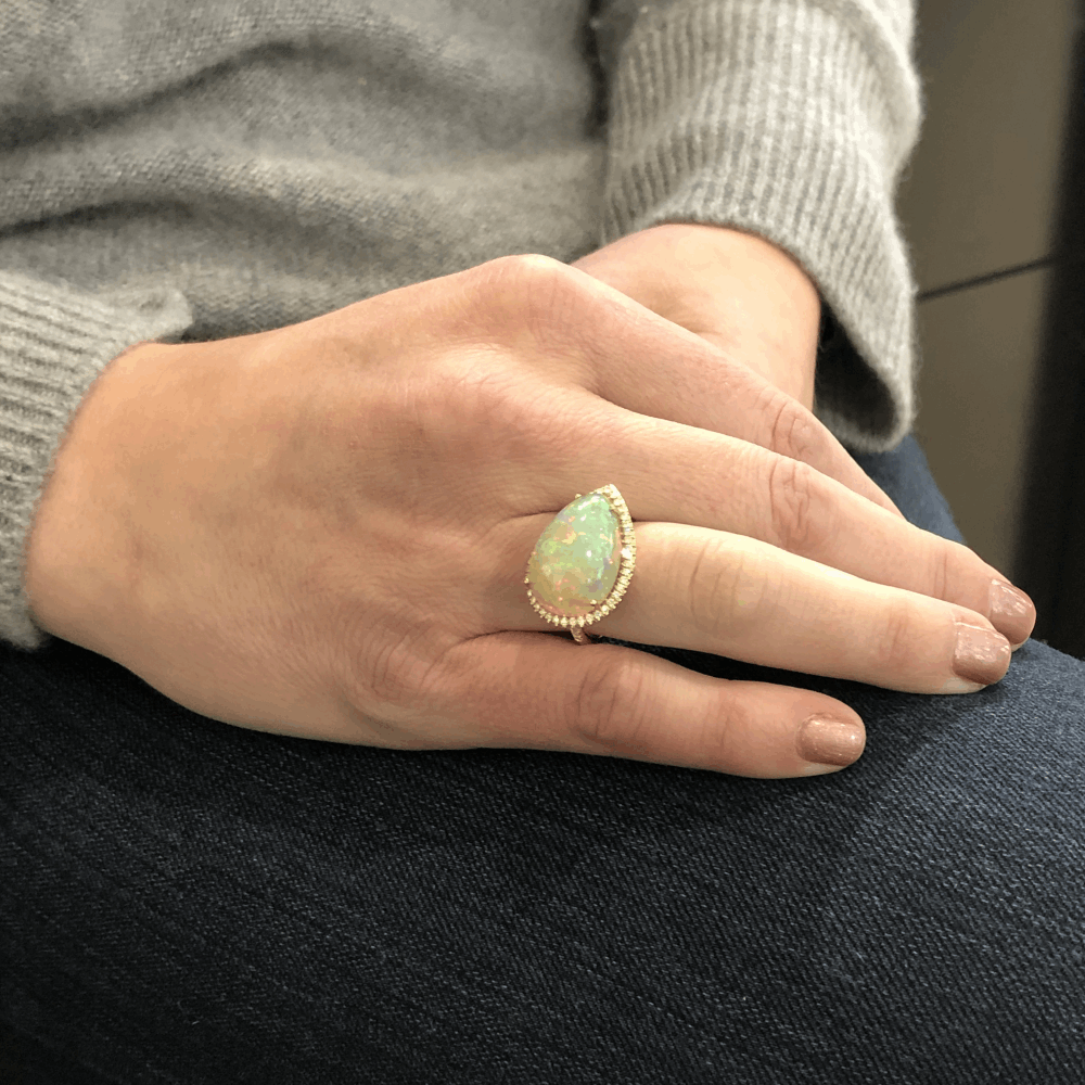 Image 2 for 18k Tear Drop Cabochon Ethiopian Opal Ring with Diamond Halo