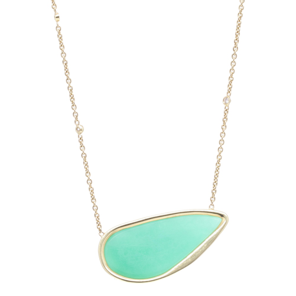 Image 2 for 18k Yellow Gold Aqua Chalcedony and Diamond Pendant Necklace