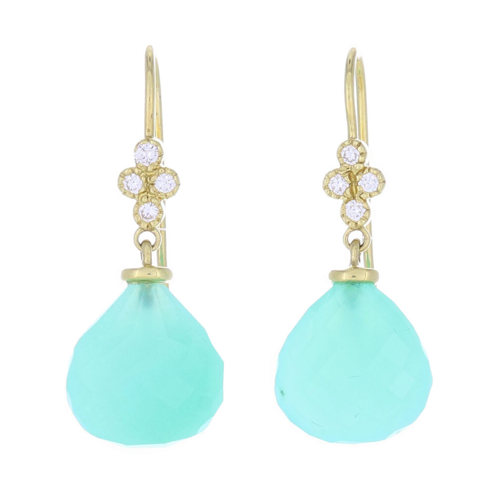Lovely little every day earrings in the most beautiful faceted chalcedony - Lauren K showcases the stone with just a touch of diamond details at the top. 18k yellow gold french hook make these feminine yet they don't get lost in your hair. Petite Faceted Chalcedony and Diamond Drop Earrings
