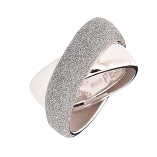 This small crossover ring is featured in a rhodium displaying a light grey polvere. Perfect for anytime of day! Small Crossover Ring Rhodium Light Gray Polvere