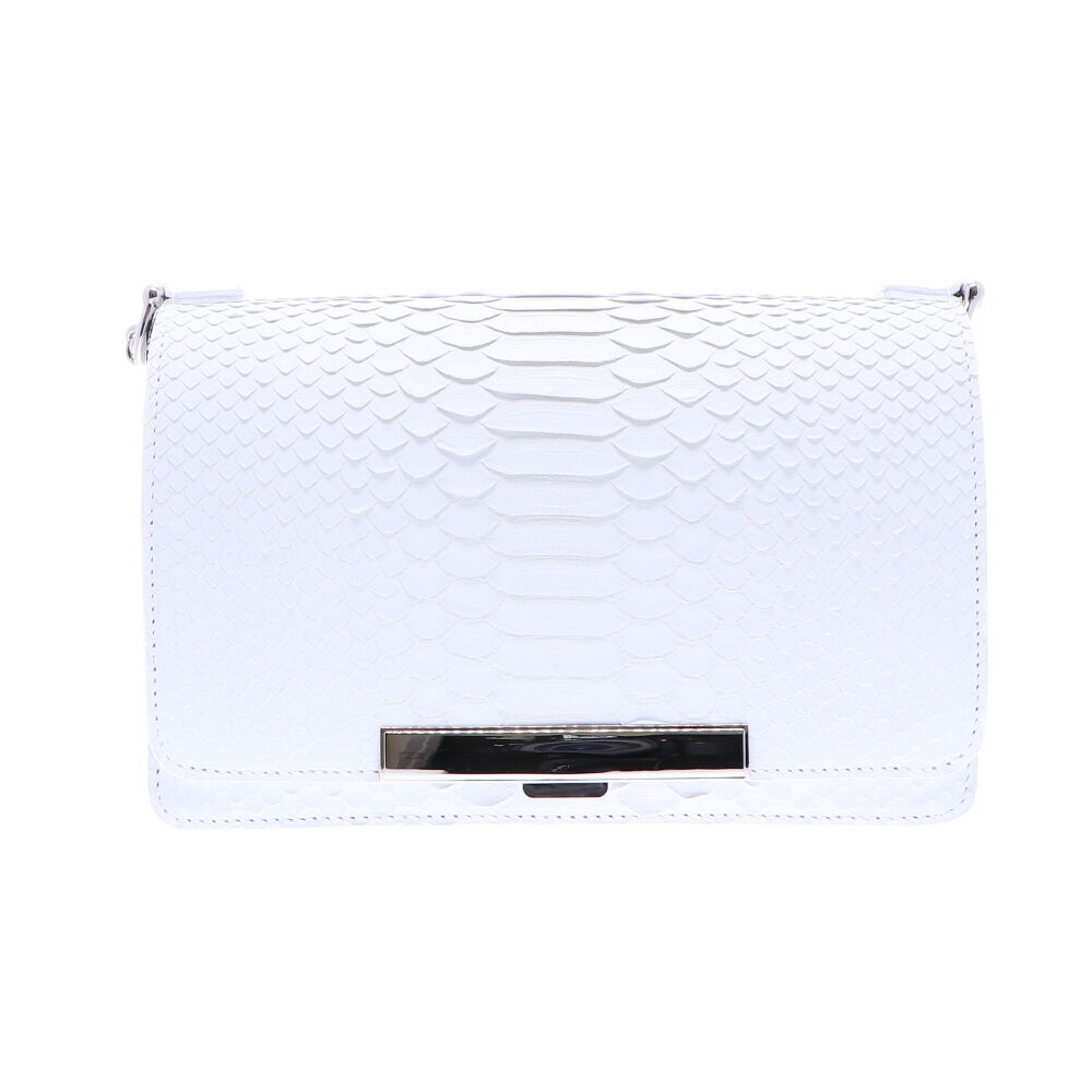 SIMPLE & STUNNING. Introducing LaNae's new white matte Python skin chain bag. Genuine Python Skin and leather. Easy to carry and light weight. The top of the chain to the top of the purse is 15 1/2". Easy magnetic closure. Every little detail is meticulously crafted from the Italian Palladium white hardware, hand painted edges, and luxurious garmet quality interior with off white suede. Measures: 9"W x 3 1/2" D x 6"H Python Chain Bag - White Matte7045