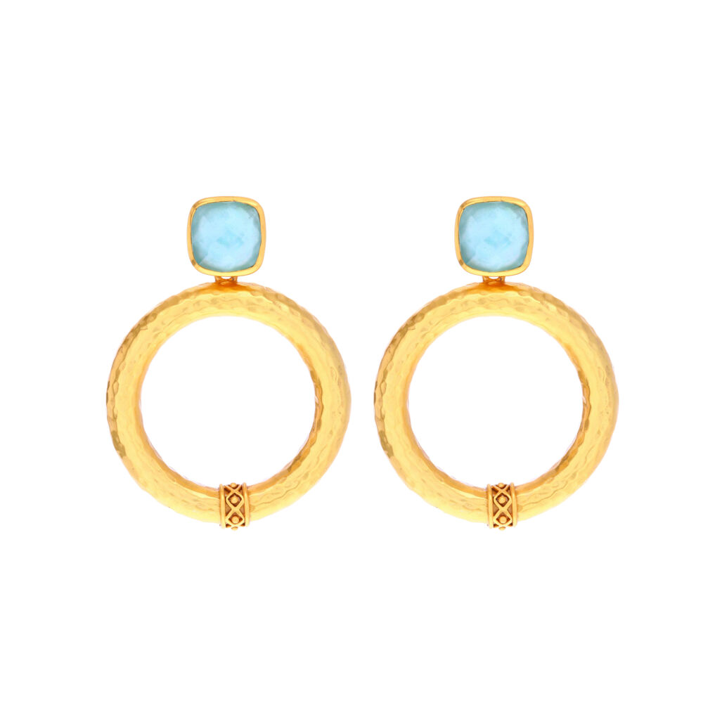 This Catalina 24k gold plated earring features a gemstone stud, followed by a gold etched hoop hanging from the stud. This Iridescent Aquamarine Blue color is perfect for everyday wear. Catalina Statement Earring