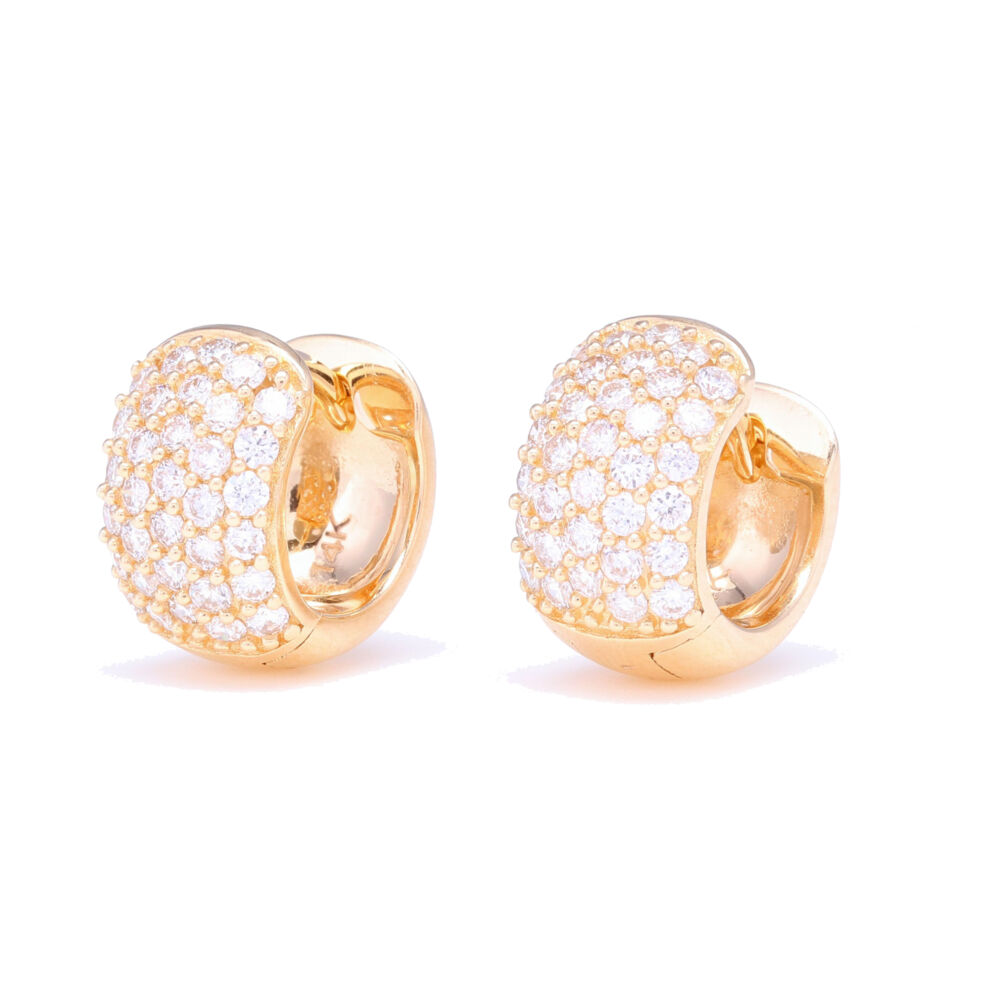 These every day wide 14k gold and pave diamond hoop earrings will be your every dya go-to earring. They are so comfortable to wear you'll forget you have them on. They pave diamonds stop at the bottom of the earring and are matte gold on the back. A very secure click will keep them in place even if you sleep in them. 14k Yellow Gold Small Wide Diamond Hoop Earrings