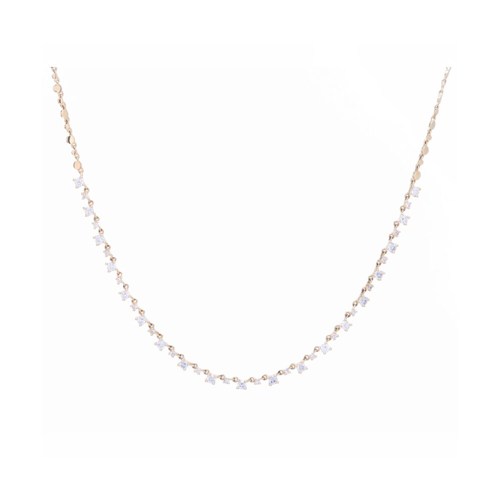 This pretty 14K yellow gold and diamond layering necklace with an adjustable chain length makes this incredibly versatile. It can be worn at 17 inches( the longest length), 16, 15, and 14 inches( the shortest length). It weighs approx. 26 grams. Along with the diamonds, the chain itself is super sparkly, and makes a tasteful statement alone or paired up with another layering necklace from our collection. Need help, no worries. Call or email us with your questions, and we will be happy to help find the perfect pieces to go along with this "Can't Go Wrong" layering Necklace. Diamond Choker Layering Necklace