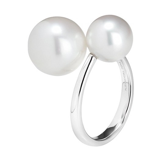 This unique and elegant 18k white gold, double crossover pearl ring is bound to turn heads. Perfect for all occasions, this ring has two different sized white south sea pearls, 8-9mm and 11-12mm. Whether you wear this ring day-to-day or on a night on the town, it is the perfect addition to any jewelry lovers collection. 18K White Gold Double White South Sea Pearl Crossover Ring