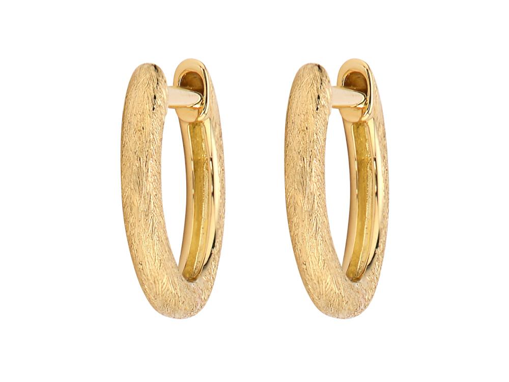 <div>These simple 18k yellow gold hoop huggies are featured in JFJ's signature brushed style. Nothing Flashy to these earrings, except the charms you can add on the days you want to dangle. </div> Plain Delicate Gold Hoops