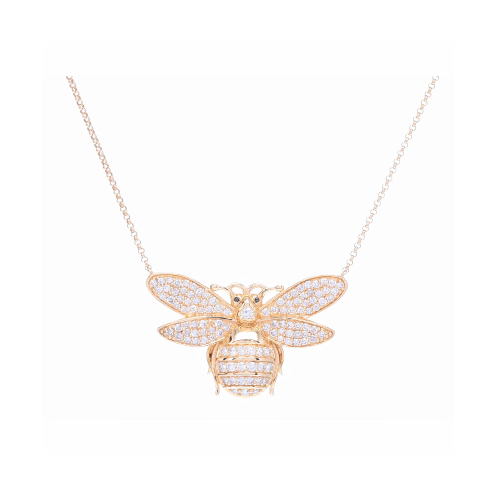 This large bee pendant necklace is perfect as your anchor pendant. Easily layer it with other chains for a bib look with the jump rings sitting at 19, 18 and 17'' respectively so it fits perfectly between your other delicate layering chains. Made of 14k gold and 1 carat of diamonds this bee has plenty of bling. 14k Yellow Gold and Diamond Bee Pendant Layering Necklace