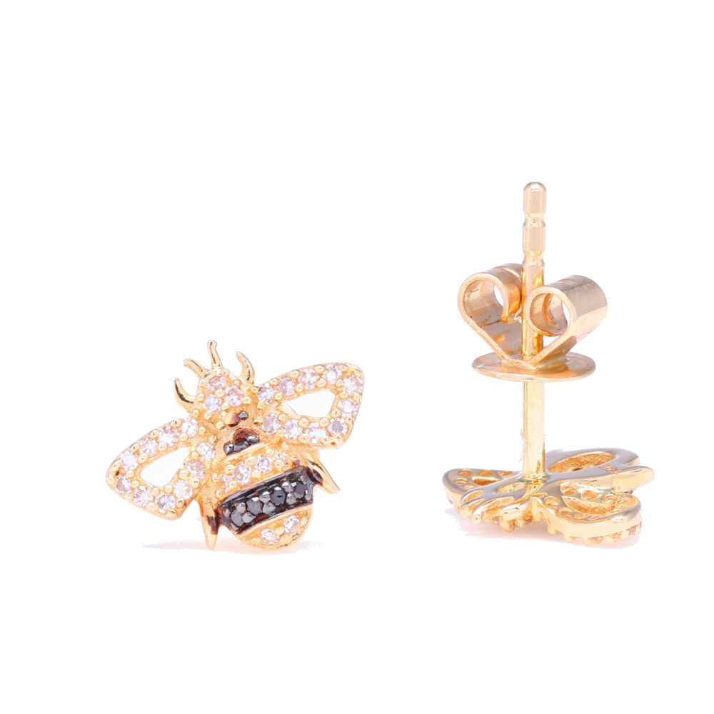 Image 2 for 14k Yellow Gold and Black Rhodium Striped Diamond Bee Studs