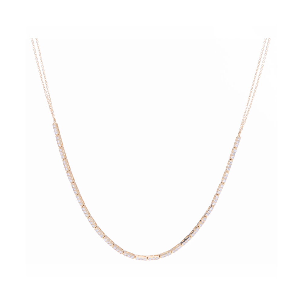 Fun and Fabulous!. This exciting 14k yellow gold diamond Choker Necklace has ~1.29 carats of diamonds. It is 17'' long Beyond feminine and dainty, plays well with other layering necklaces. Small 3 Diamond Bar Choker with Diamonds. 14K Yellow Gold