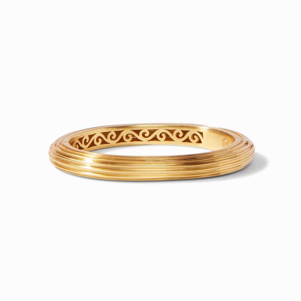 Classic Byzantine scored lines in gleaming gold, as beautiful on the decorated inside as it is on the outside. Hinged to fit all wrists 24K gold plate Julie Vos hallmark Byzantine Hinge Bangle